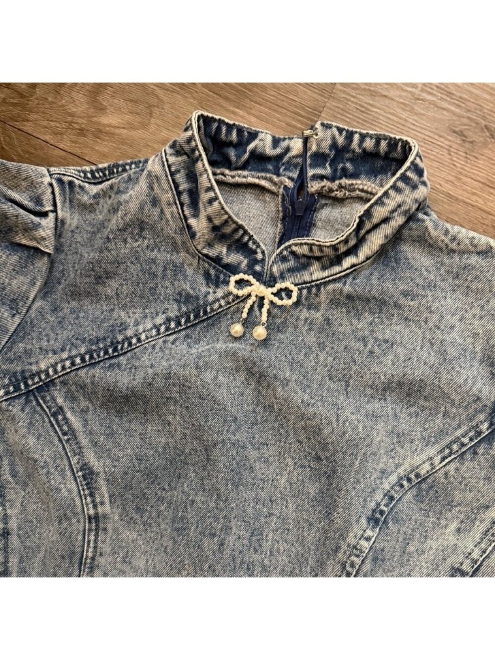 Denim Mini Dress with Puff Sleeves And Pearl Bow - Picture 3 of 3